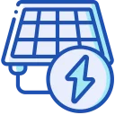 Icon of a portable solar panel on a blue cart with a lightning bolt symbol, representing solar power or portable energy storage.