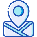 Blue map pin resting on an envelope icon, signaling a mailing address or contact location.