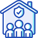 Blue house icon with a shield and checkmark above three people, symbolizing family protection or home security.
