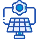 Icon: solar panel with a blue gear on top, representing solar energy technology