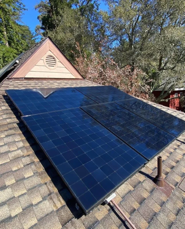 Solar panels installed on a residential roof with trees and a clear blue sky in the background.