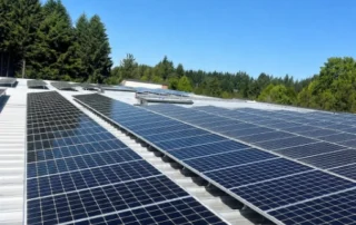 solar-panel-cleaning-img-5 Row upon row of blue solar panels on a metal roof under a clear blue sky, with trees in the distance—capturing a solar energy installation.