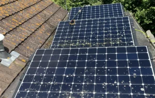 solar-panel-cleaning-img-6 Residential rooftop solar panels installed on a sloped roof, with a satellite dish and mossy tiles nearby. The background shows trees and houses in a neighborhood.